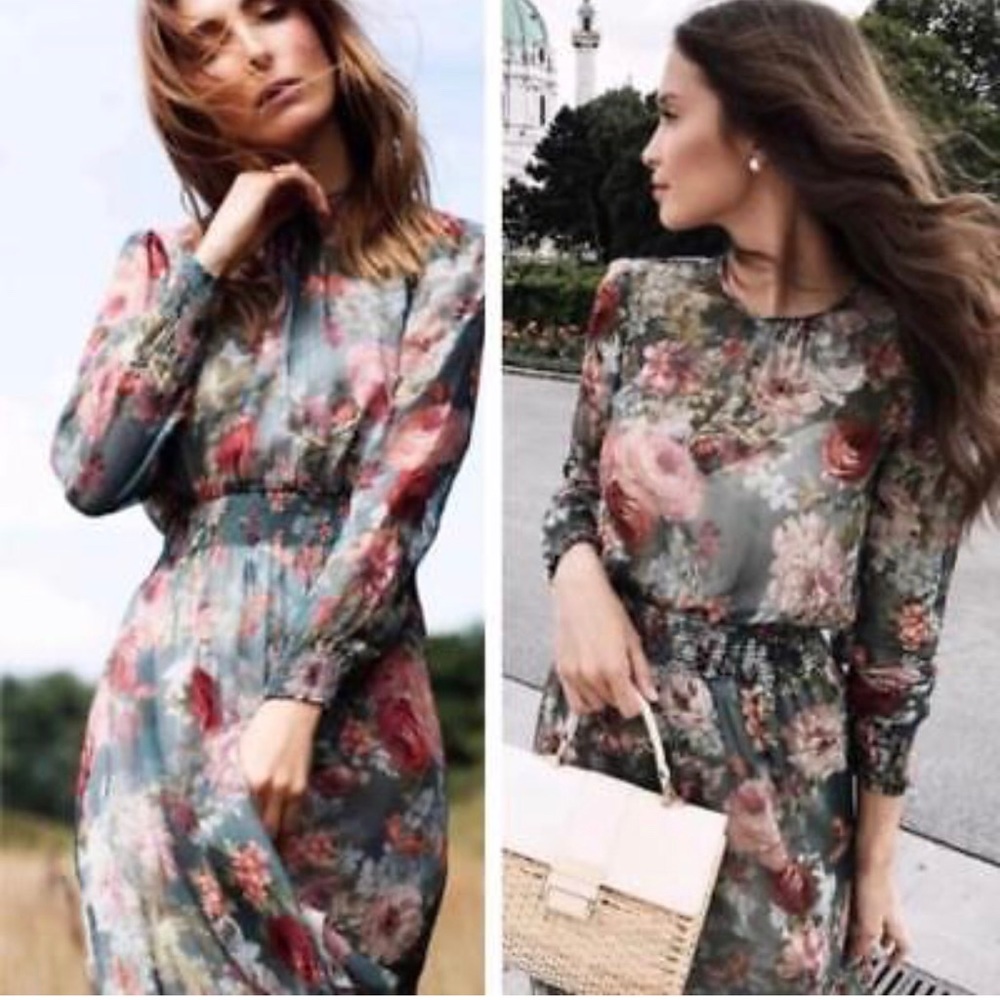 NWT Zara Green and Pink Floral Midi Dress - Picture 7 of 8